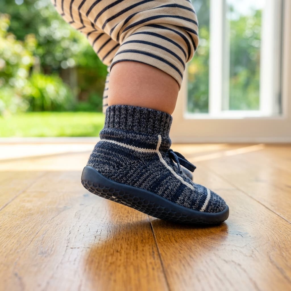 RiseCub Marine & Slate Knit on baby foot